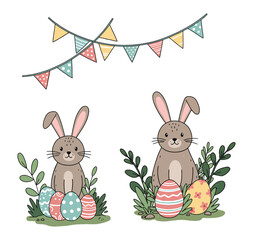 Obraz premium Cute Easter Bunny Clipart - Hand-Drawn Spring Illustration with Colorful Eggs, Plants, and Festive Decor