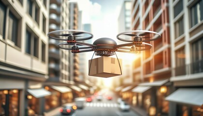 Aerial drone delivering a package in an urban landscape, symbolizing modern logistics and technology.
