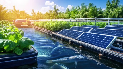 Sustainable aquaponics farming system tropical location nature photography lush environment aerial view renewable energy concept