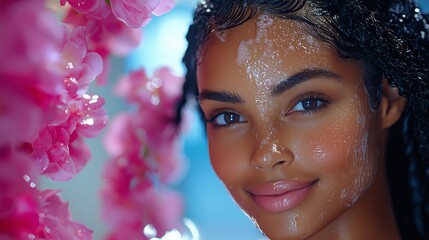 woman reclines peacefully eyes closed enjoying luxurious hair wash. Gentle steam envelops her as soothing aromas fill air creating atmosphere of serene indulgence and relaxation.