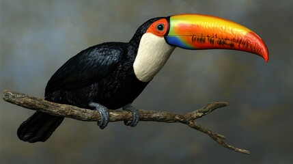 Naklejka premium Toucan perched branch rainforest background illustration