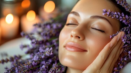 woman enjoys calming facial massage surrounded fresh lavender and essential oils creating relaxing atmosphere enhanced glowing candles.