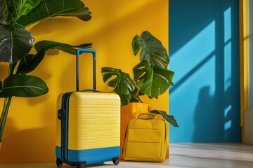 Yellow luggage, tropical plants, sunny room, travel prep
