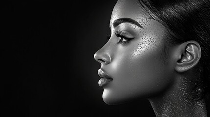 Fototapeta premium striking black and white portrait features model wet slicked back hair. high contrast lighting highlights her stunning features embodying raw beauty and sophistication.