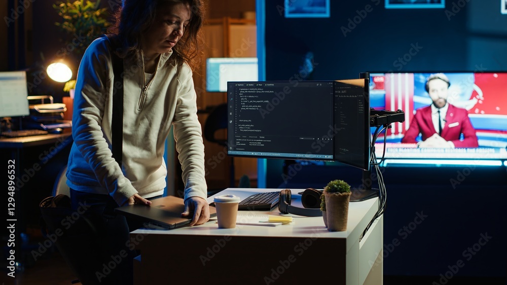 Poster developer holding disposable cup of coffee entering office to implement security measures, protectin