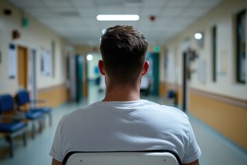 This image depicts a man sitting in a hospital waiting area, conveying feelings of anxious anticipation and hope amidst a clinical environment filled with muted colors.