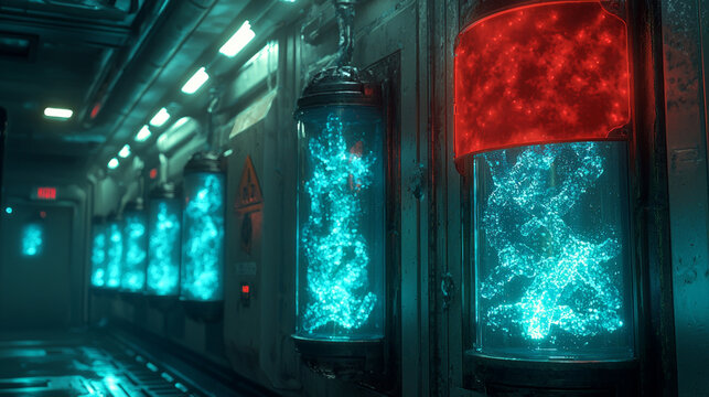 laboratory wall panel displays biohazard warning while illuminating sterile environment blue bioluminescent tubes filled unknown lifeforms indicating ongoing genetic experimentation.