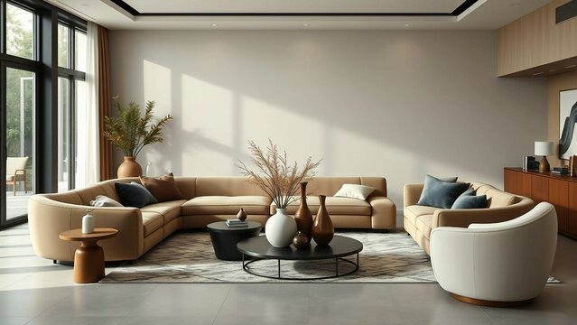 A modern living area with bold, sculptural furniture pieces, including curved sofas and abstract sid