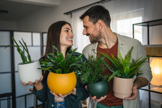 portrait of young happy couple hold flower pots at home - Powered by Adobe