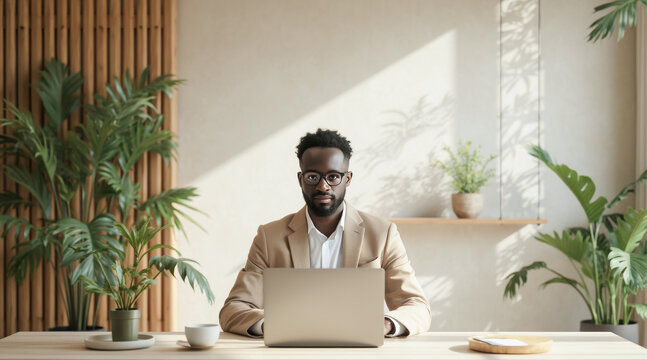 focused professional man in a tan suit works on his silver laptop at a wooden desk - Powered by Adobe