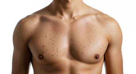 Fototapeta premium Close Up of Man's Chest with Multiple Red Spots on Light Skin Against White Background