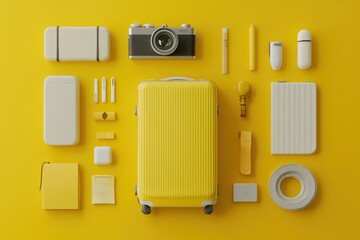 Yellow suitcase, travel items, flatlay, yellow background, packing