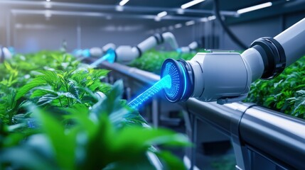 Automated irrigation technology enhances plant growth in indoor farms agriculture robotics urban environment futuristic perspective