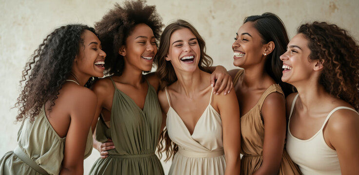 five diverse women radiating happiness and camaraderie