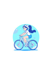 Obraz premium Cute Vector Illustration of a Young Girl Riding a Bicycle with a Helmet in a Blue Minimalist Style