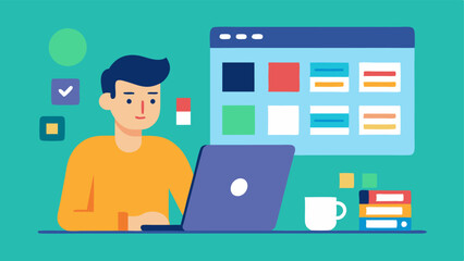 User Interface Design A developer focusing on a colorful laptop screen displaying a userfriendly interface for a virtual assistant with design tools like vectors and color palettes