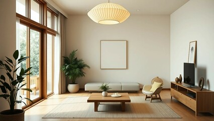A harmonious blend of Japanese and Scandinavian aesthetics with clean lines, neutral tones, and natu