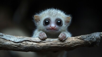 Obraz premium baby slow loris grips twig its tiny hands showcasing its innocent eyes and soft golden fur against bright white backdrop highlighting its features.