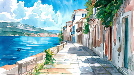 Fototapeta premium Watercolor painting of a quaint lane leading to the sea.