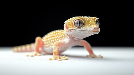 baby gecko clings smooth surface displaying wide glimmering eyes and tiny suction pads on its feet while set against white background highlighting its intricate details.
