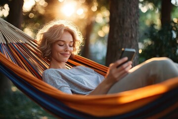 Happy woman relaxing in hammock using smartphone in sunny garden terrace outdoor lifestyle