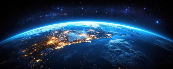 Obraz premium Earth at Night View from Space with Vibrant City Lights of Japan Korea and China