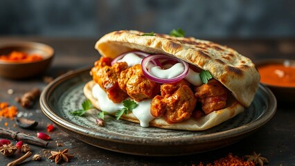 A naan bread sandwich filled with tandoori chicken, mint yogurt sauce, and pickled red onions, prese