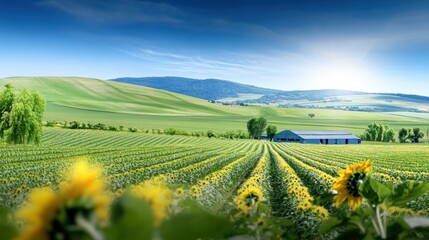 Sunflower harvesting action rural landscape photography vibrant fields panoramic view agricultural serenity