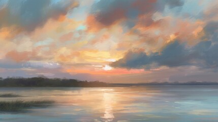Fototapeta premium Serene Dawn Sky Impressionist Landscape with Pastel Colors and Gentle Brush Strokes