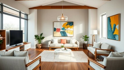 Fototapeta premium A curated living space with sleek mid-century modern furniture, warm walnut finishes, and vibrant ab