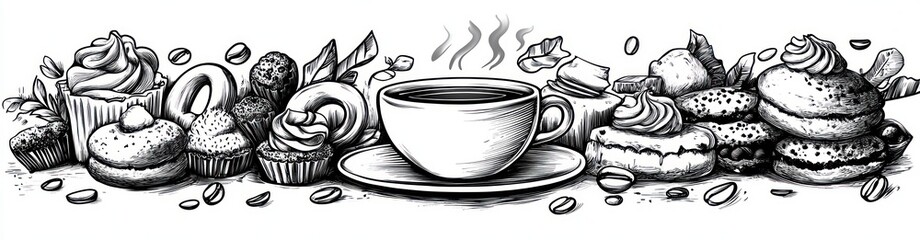 Whimsical Hand-Drawn Coffee and Tea Illustration with Pastries for Cozy Cafe Menu