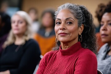 A focused woman sits quietly, observing a workshop audience and engaged in discussion, representing active participation and personal growth in a diverse community.
