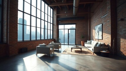 A sophisticated loft apartment with industrial exposed brick walls, polished concrete floors, and sl
