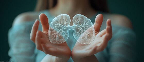 Lung Health Awareness and Care Through Adult and Child Hands Holding White Lungs in Pastel Green Background