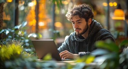 Young Professional Working on Laptop Outdoors in Urban Setting with Lush Greenery and Sunlight