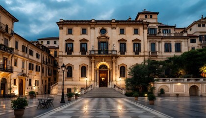 Fototapeta premium Grand Italianate Palazzo at Twilight: Warm Evening Light Illuminates Historic Building in Cobblestone Square