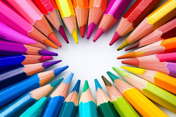 Naklejka premium Vibrant Colorful Pencils Arranged in a Circular Pattern on a Bright White Background