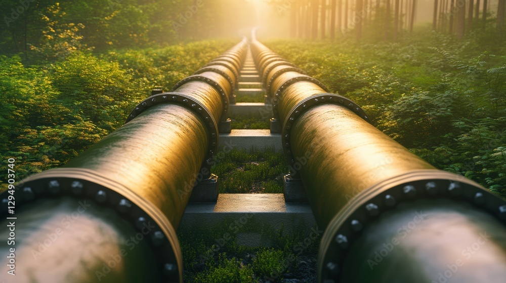 Poster gas pipelines extend through a lush green forest at dawn, highlighting nature and infrastructure int
