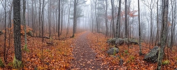 Obraz premium Quiet forest pathway under a veil of fog, fallen leaves scattered across the trail, with soft light creating long shadows through the trees