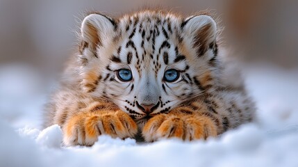 Obraz premium fluffy baby snow leopard thick fur featuring gray and black rosettes rests comfortably. Its big paws are stretched out and it gazes curiously innocent blue eyes.