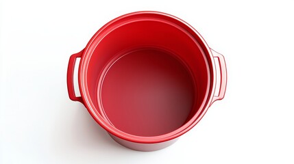 Red plastic bucket with a matte texture, shown from a top-down perspective on a seamless white background, emphasizing its simple utility