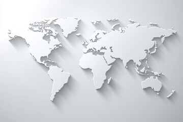 Detailed White Map of the World on Clean Background with Subtle Shadows and Depth