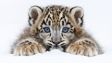 Obraz premium fluffy baby snow leopard lies comfortably on white surface its big round paws stretched ahead. Its thick gray and black rosetted fur contrasts beautifully its bright blue eyes.