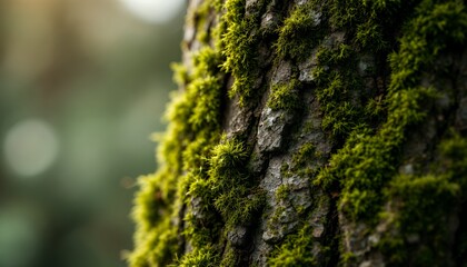 Obraz premium Lush Green Moss on Textured Tree Bark Close-Up