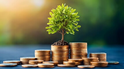 A small vibrant tree sprouting atop neatly stacked coins symbolizing financial growth investment success and wealth accumulation set against a colorful abstract background
