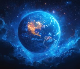 Fototapeta premium Earth from Space with Vibrant Blue Oceans and Swirling Clouds in a Starry Sky