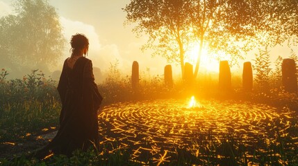 druid in flowing robes lights ritual fire Celtic altar set within sacred stone circle. golden sunset illuminates intricate runes as nature thrives around.