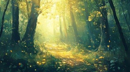 Serene forest path wrapped in morning mist, golden sunlight streaming through tall trees, with scattered dew-covered leaves and soft shadows