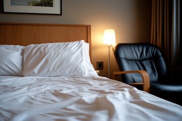 The image depicts a well-made hotel bed and cozy atmosphere with soft lighting, ideal for conveying relaxation and comfort in a serene environment.
