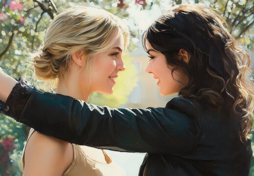 Women Friends Greeting Each Other with Elbow Bump in Sunlit City Park